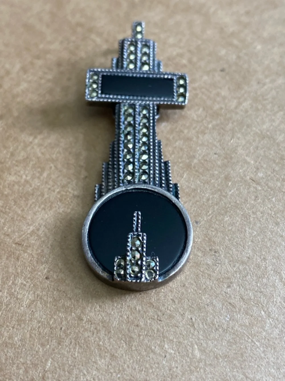 Vintage Art Deco Sterling Silver Black Onyx & Marcasite cross Pendant 925 - Picture 4 of 8
